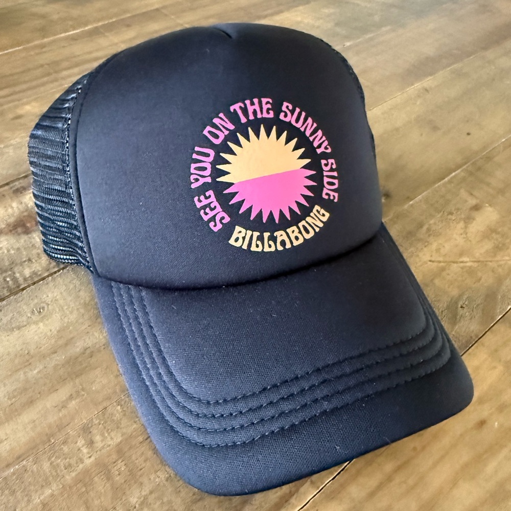 Billabong Navy Trucker Hat with Pink and Yellow Logo
